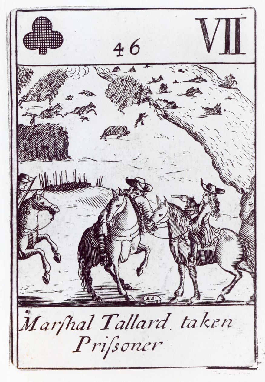 Marshal Tallard taget til fange, syv af køllerne spiller kort fra et sæt til minde om den spanske arvefølgekrig (1702-13) af Robert Spofforth