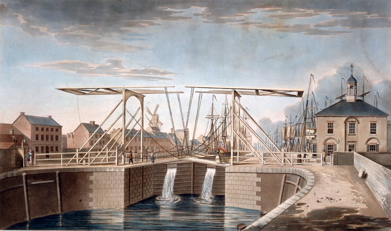 Bascule Bridge og New Docks ved Kingston-upon-Hull, Yorkshire, 1786 (farvet akvatint) af Robert Thew