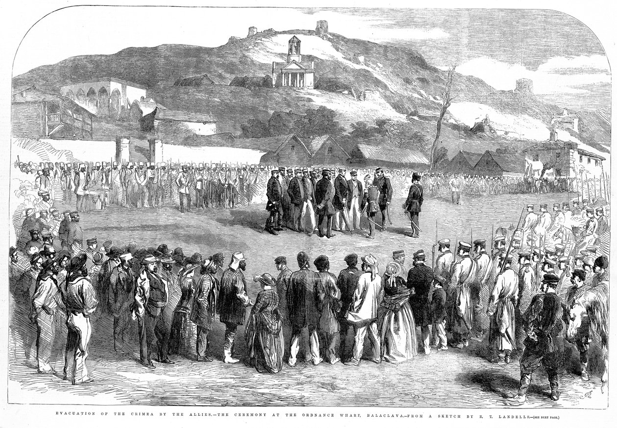 Evakuering af Krim af de allierede, ceremonien ved Ordinance Wharf, Balaclava, fra Illustrated London News, 30. august 1856 af Robert Thomas Landells
