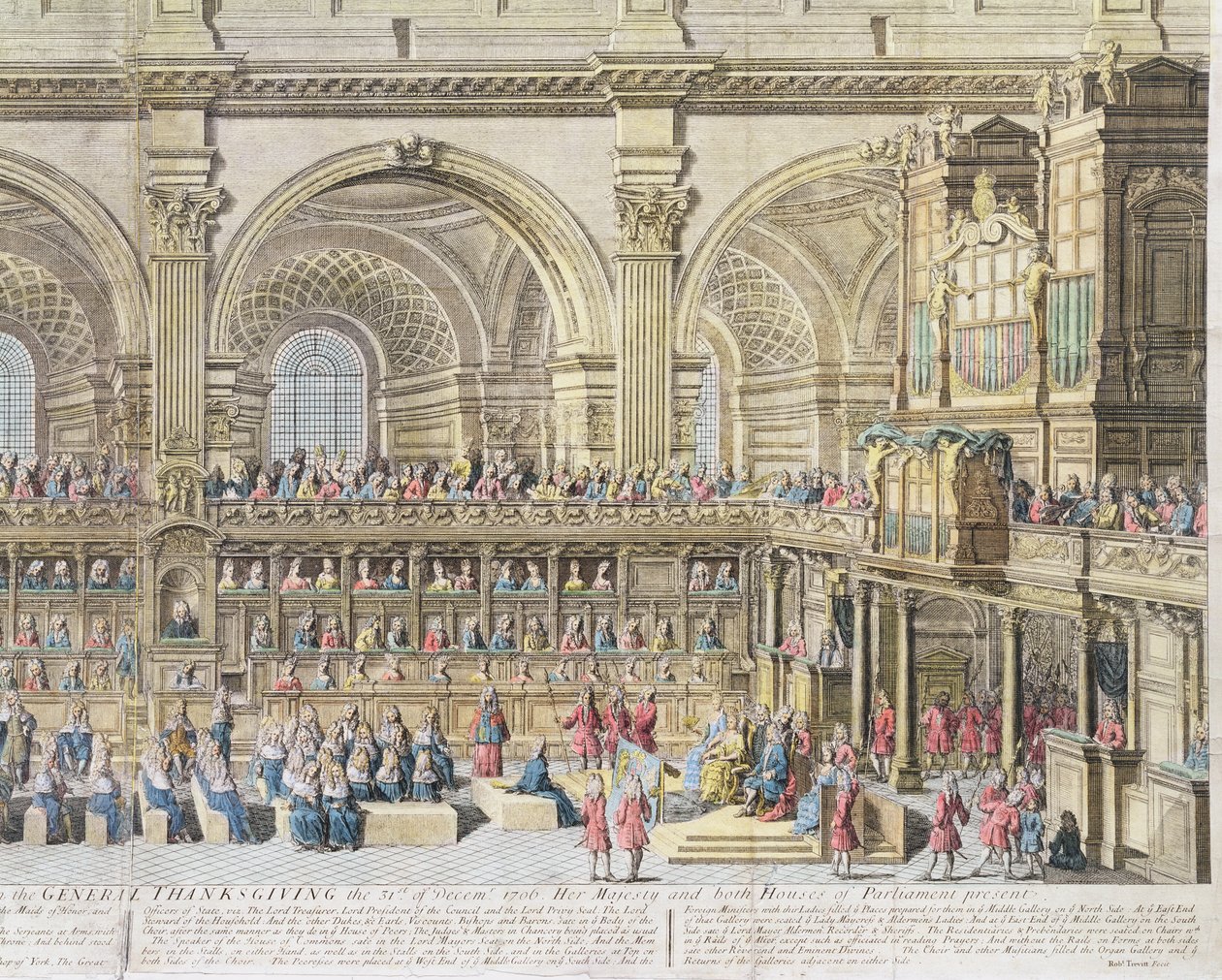 En udsigt til koret i St. Pauls katedralkirke på den almindelige Thanksgiving, den 31. december 1706. Hendes Majestæt og begge Parlamentshuse til stede (håndfarvet indgravering) (detaljeret af Robert Trevett