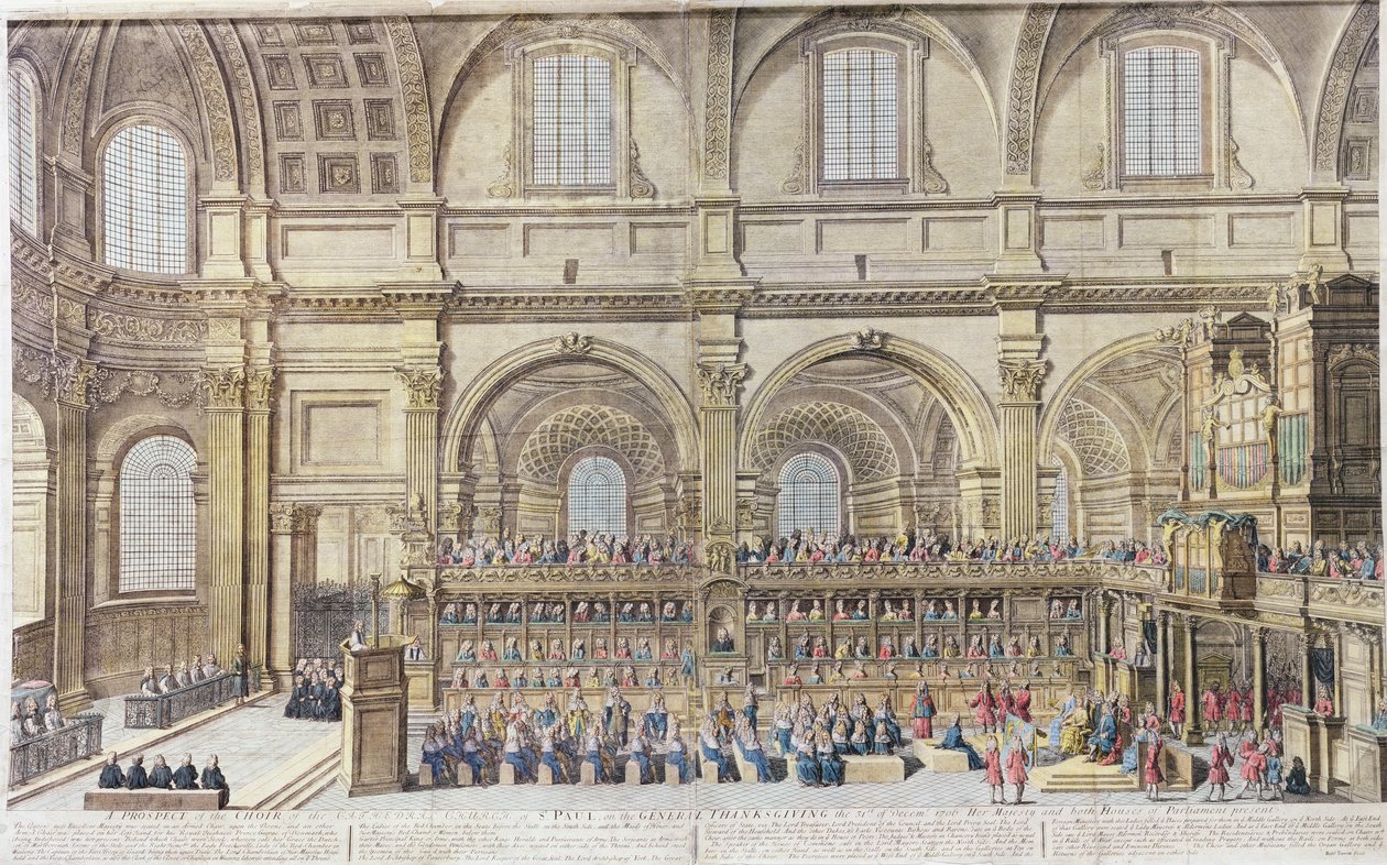 En udsigt til koret i St. Pauls katedralkirke på den almindelige Thanksgiving, den 31. december 1706. Hendes Majestæt og begge parlamentshuse til stede (håndfarvet gravering) af Robert Trevett