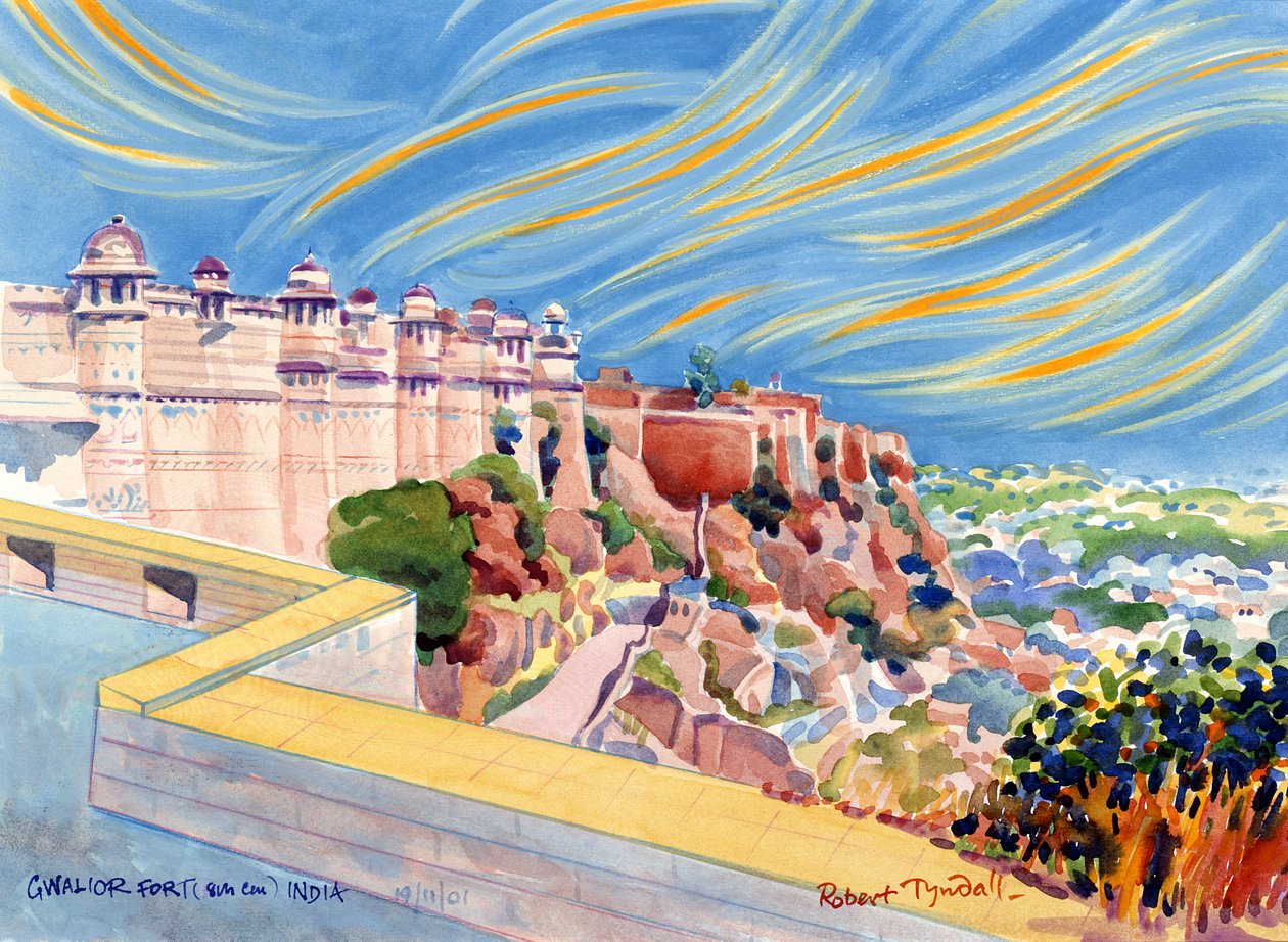 Gwalior Fort, Indien, 2001 (wc på papir) af Robert Tyndall