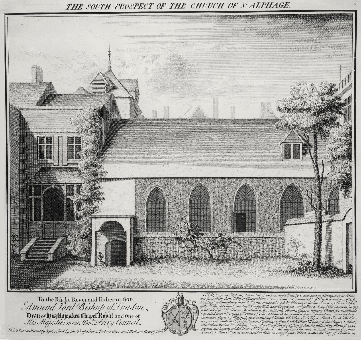The South Prospect of Church of St. Alphage, indgraveret af William Henry Toms (ca. 1700-50) 1736 af Robert West