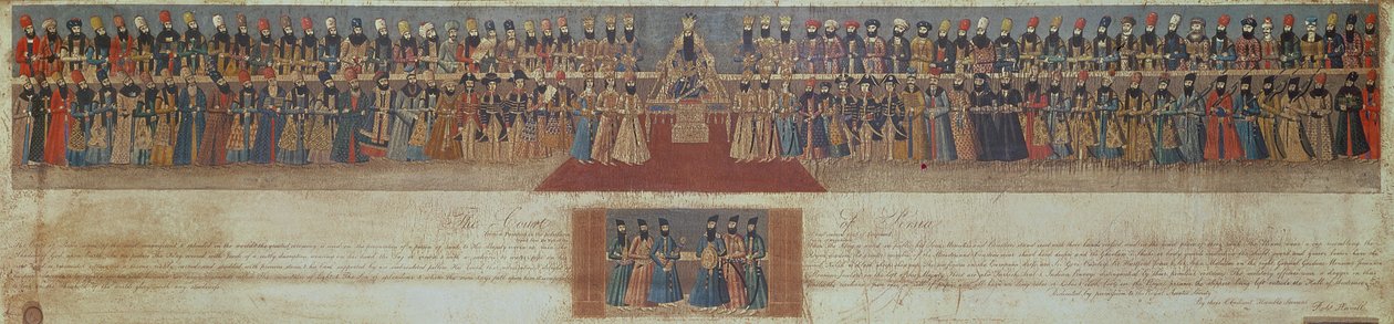The Court of Fath Ali, Shah of Persia, ca. 1799, med udenlandske ambassadører, herunder Sir Harford Jones og Sir John Malcolm (1769-1833) af Robert the Younger Havell