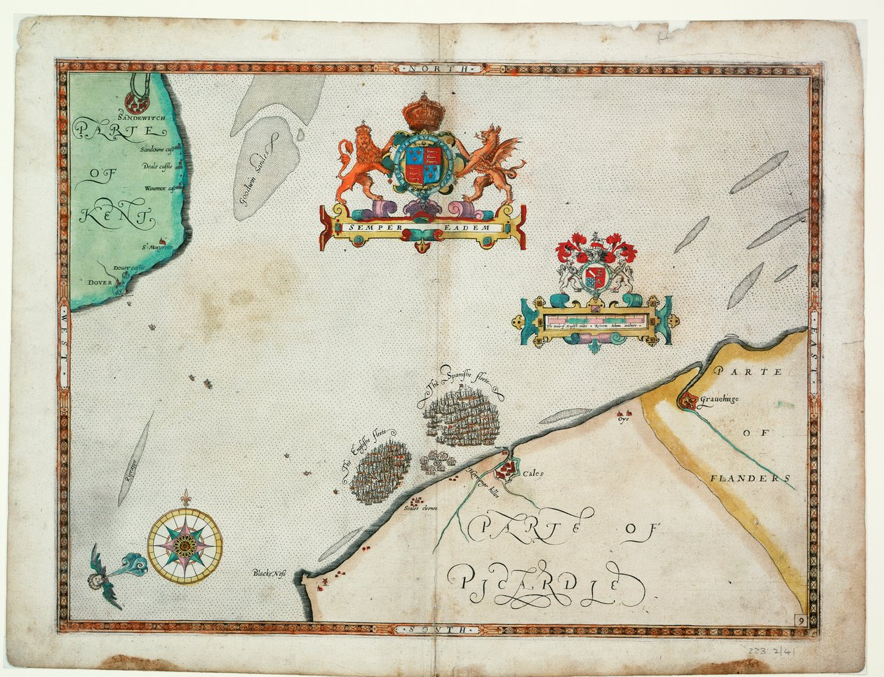 Dover til Sandwich og Blacknerse til Gravelines - Den spanske armada og den engelske flåde ud for Calais, ca. 1590 (manuskript) af Robert (after) Adams