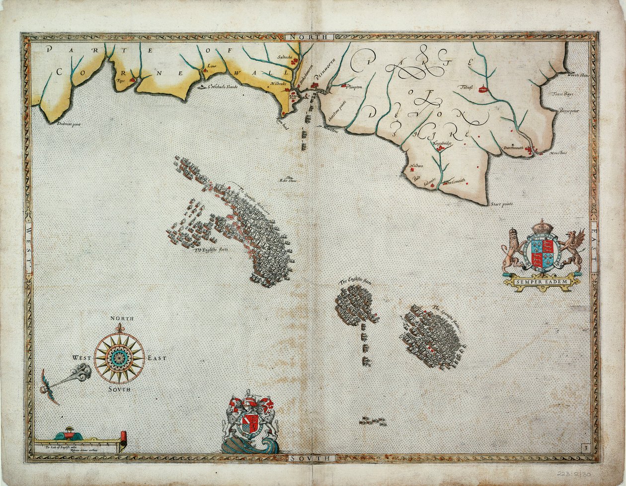 Englænderne forfølger den spanske flåde øst for Plymouth den 31. juli - 1. august. af Robert (after) Adams