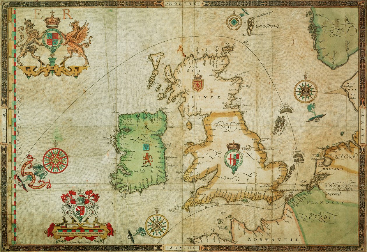 Den spanske armadas rute gennem Den Engelske Kanal, ind i Nordsøen, rundt om det nordlige Skotland og ud i Atlanterhavet for at vende tilbage til Spanien. af Robert (after) Adams