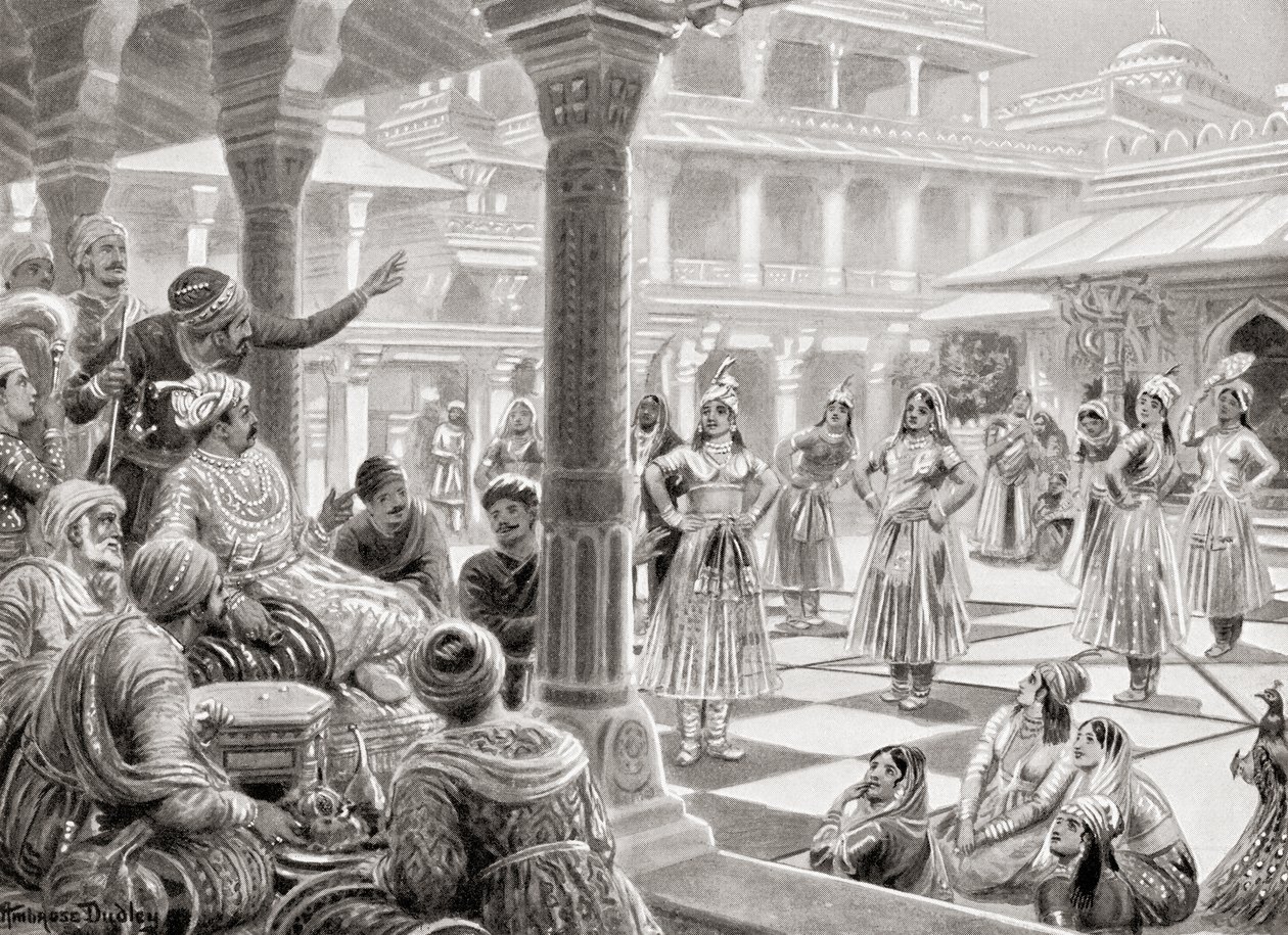 Akbar spiller pachisi eller chaupur med levende stykker i Fatehpur Sikri i 1575, fra Hutchinson
