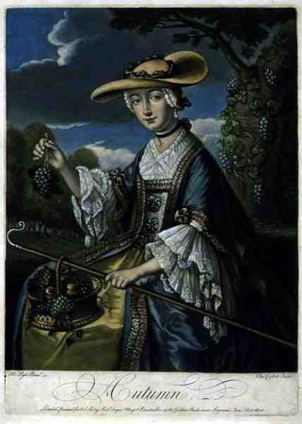 Efterår, indgraveret af C. Corbutt (Richard Purcell) (fl.1746-66), pub. af Robert Sayer, ca. 1760 (mezzotintgravering) (se også 125559-61) af Robert (after) Pyle