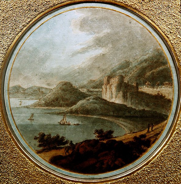 Slot over en havbugt med skibe, ca. 1775 (pen & blæk med akvarel på papir) af Robert (attr. to) Adam
