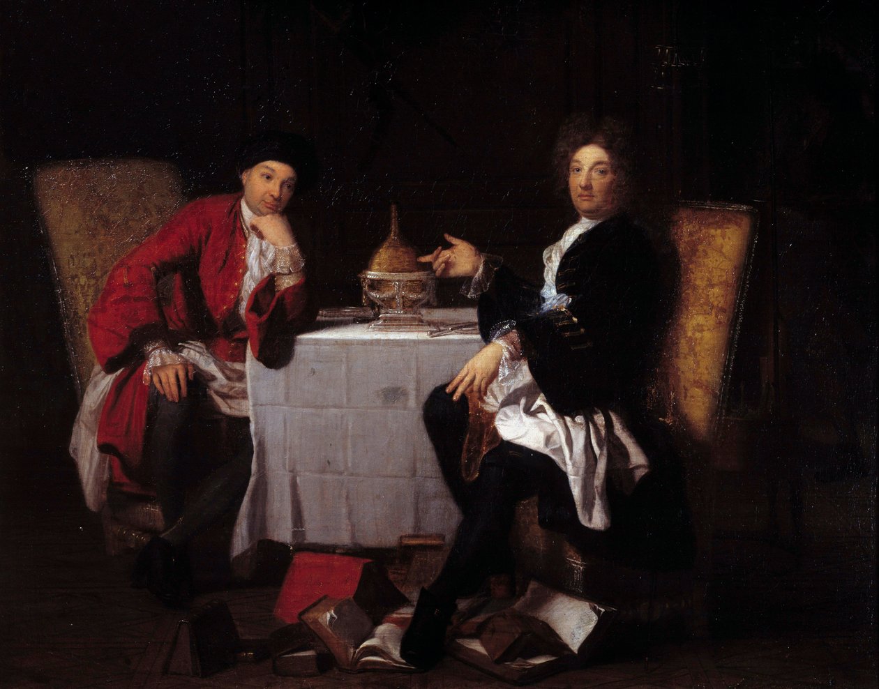 To epikurister To filosoffer taler til et bord. Maleri tilskrevet Robert Tournieres (1668-1752) Caen fra det 18. århundrede, musee des Beaux Arts af Robert (attr. to) Tournieres