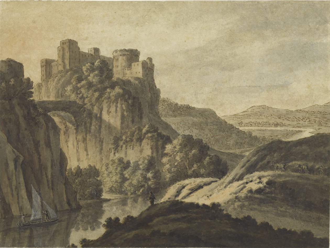 Et flodlandskab med et slot på en skråning, 1780 af Robert Adam
