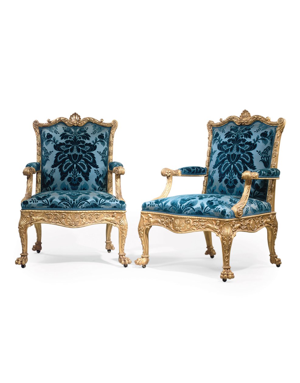 Et par George III lænestole af forgyldt træ af Robert Adam