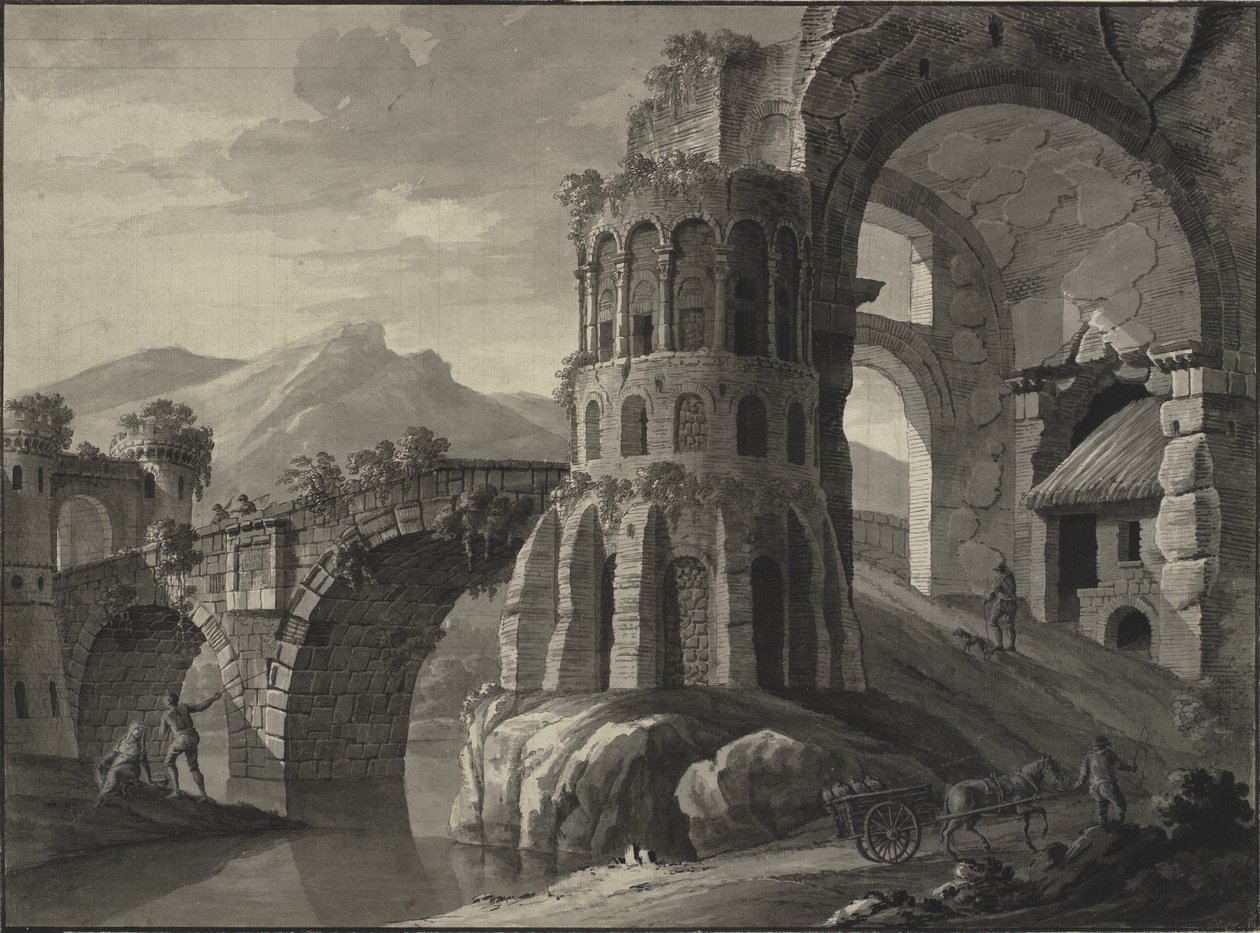 Arkitektonisk fantasi. Ruin af antik bro, flankeret af middelaldertårne af Robert Adam