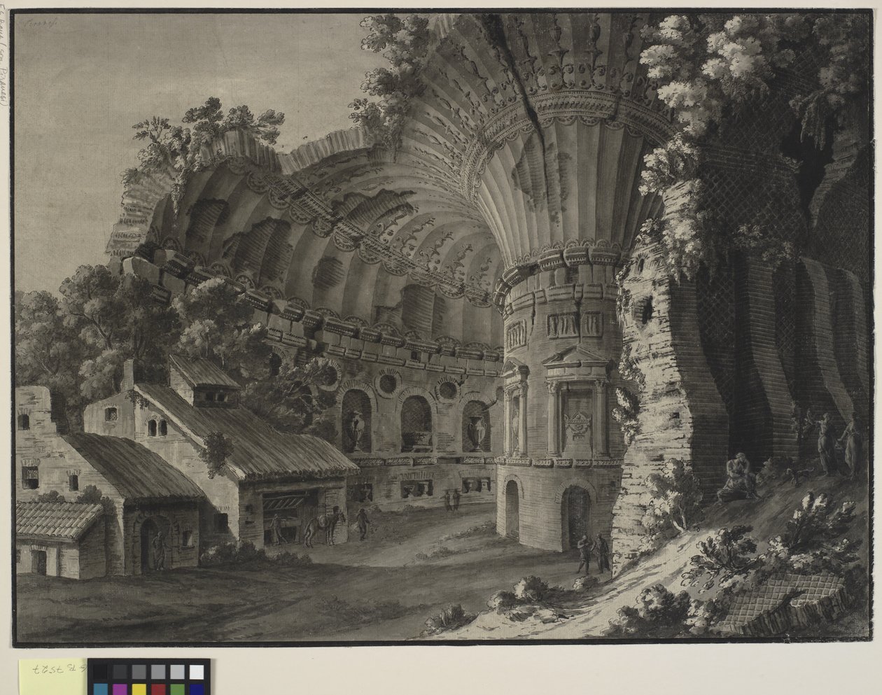 Arkitektonisk fantasi. Indersiden af en ruin af en rotunde med en gigantisk hvælving af Robert Adam