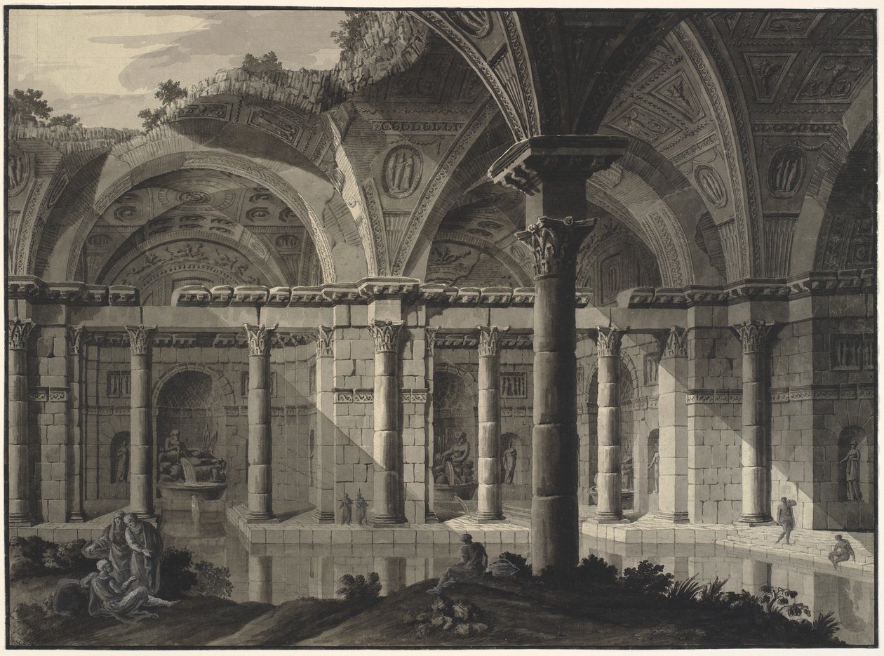 Arkitektonisk fantasi om et antikt bad med ødelagt tag og figurer af Robert Adam