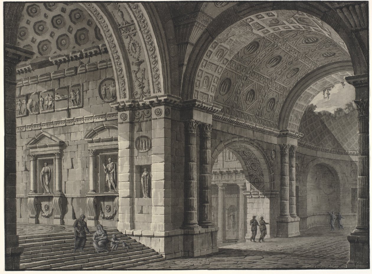 Arkitektonisk fantasi om det indre af en gammel bygning med delvist ødelagte hvælvinger af Robert Adam