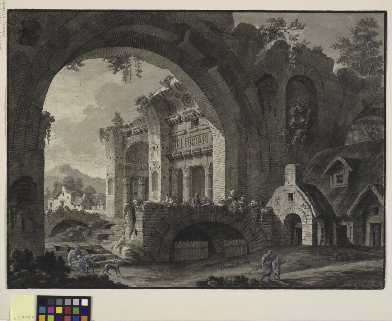 Arkitektonisk fantasi med ruiner af et antikt bad og hytter af Robert Adam