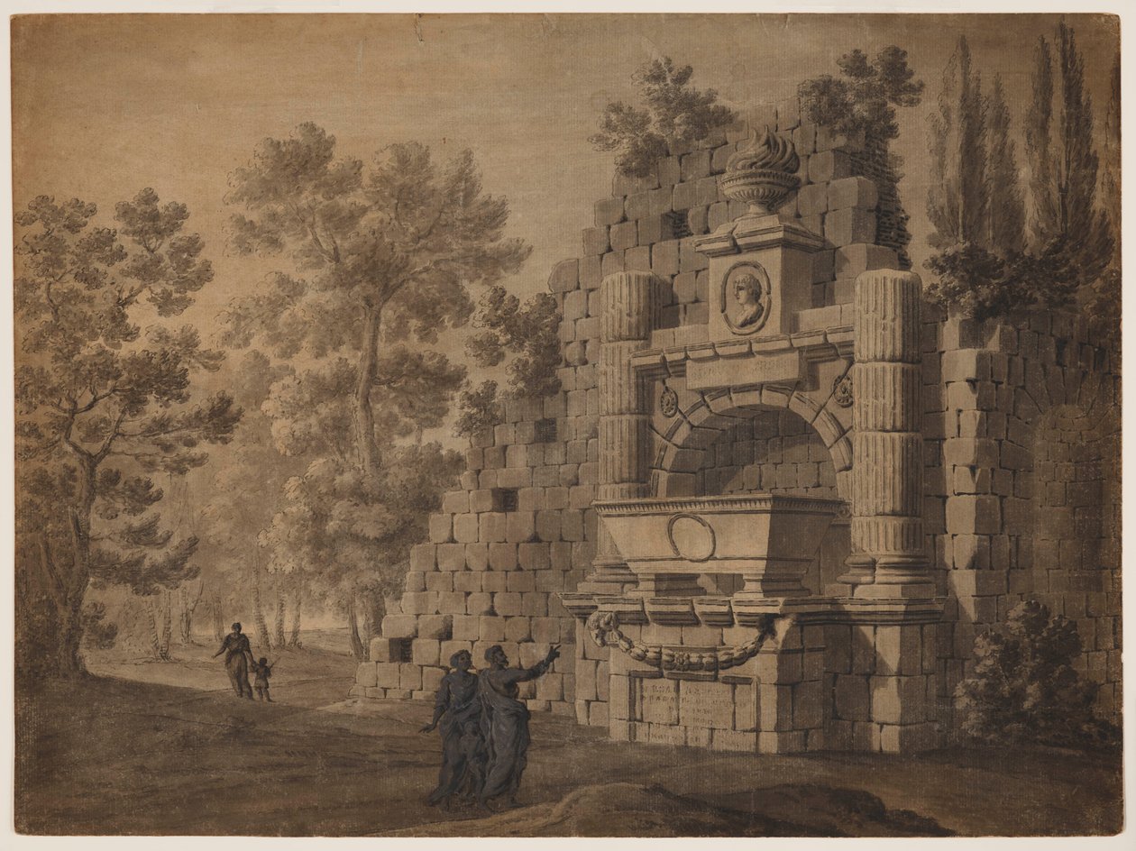 Capriccio med antikke figurer blandt klassiske monumentruiner af Robert Adam