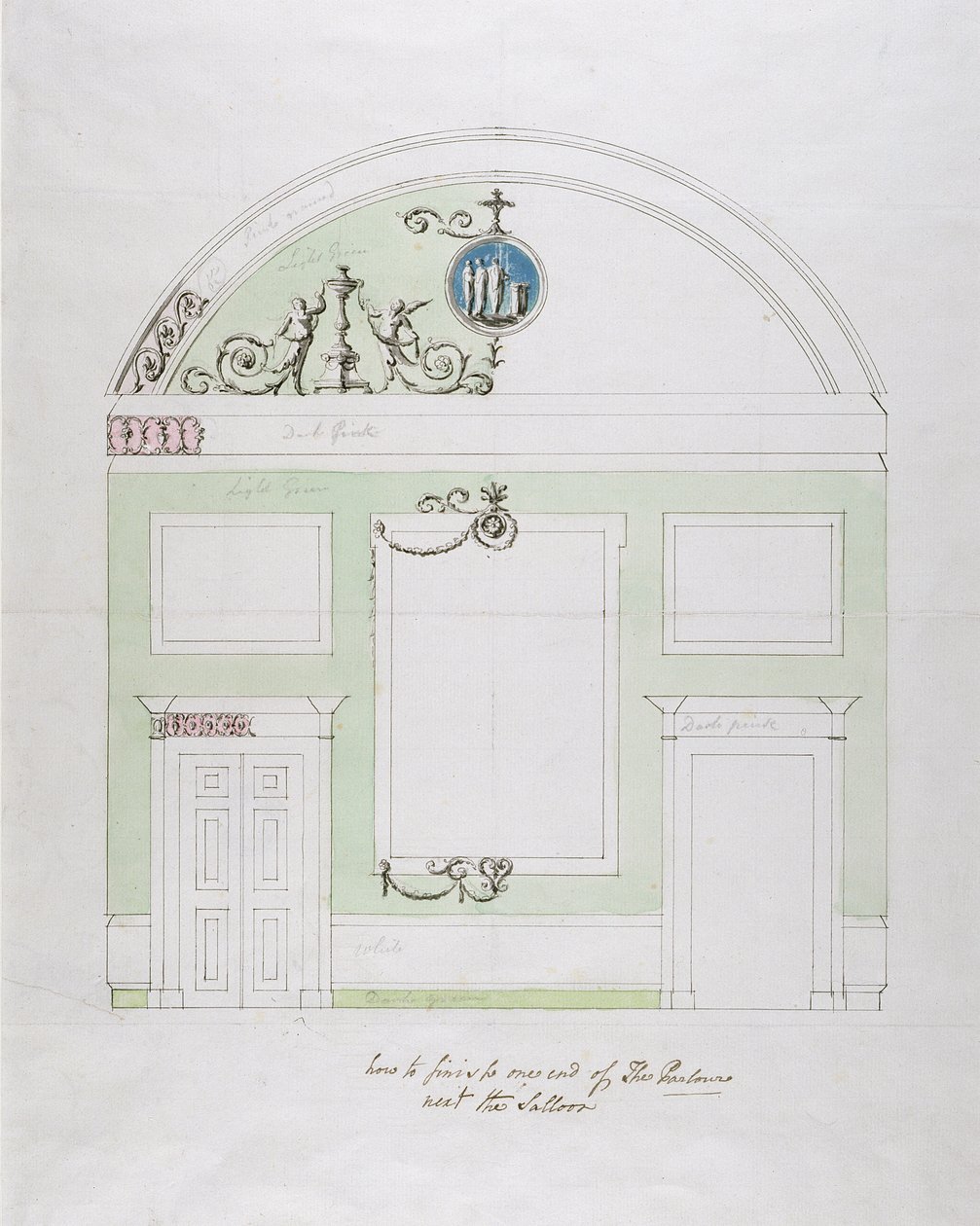 Design til endevæggen i spisestuen, Headfort House (pen og sort blæk over grafit med wc på lagt papir) af Robert Adam