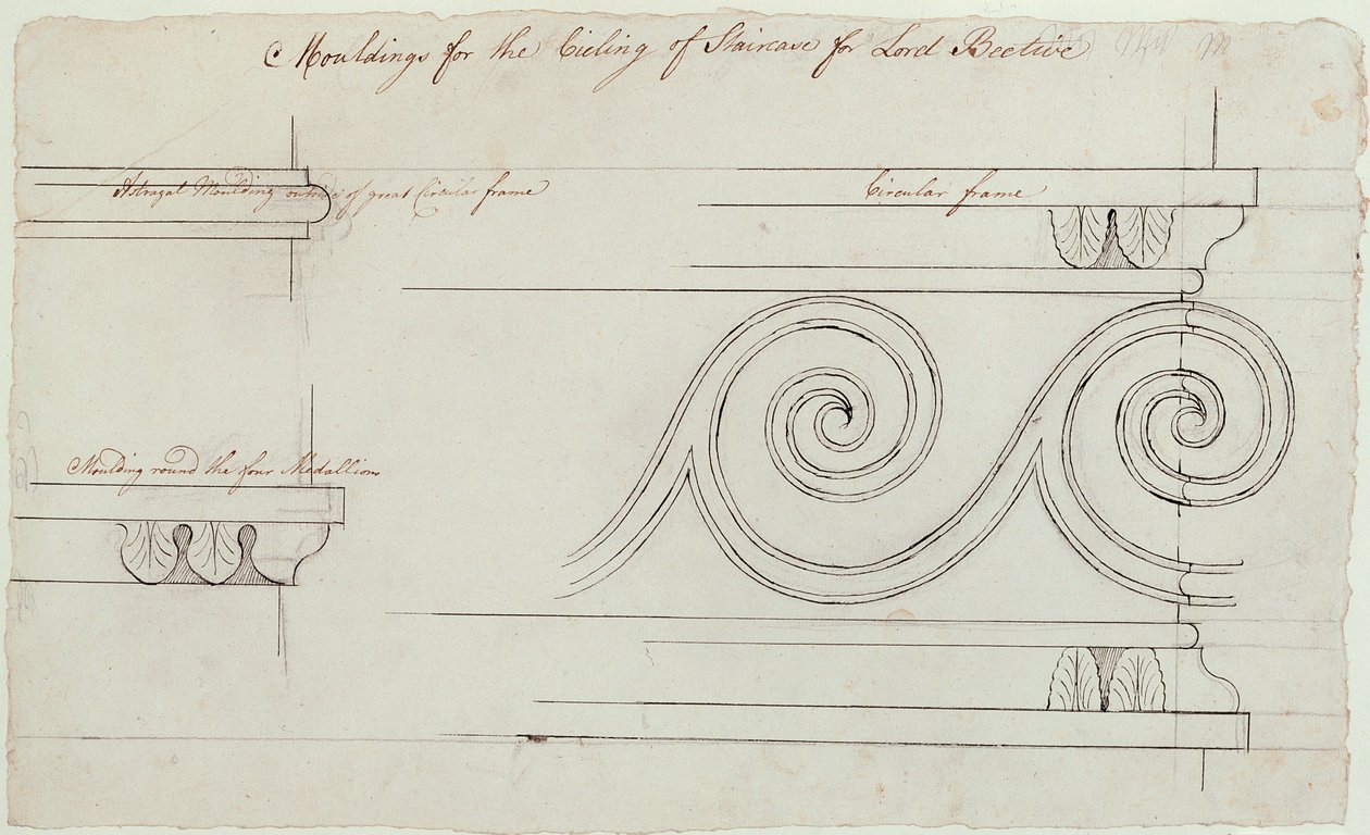 Design til lister på trappen, Headfort House, 1772 (pen og sort blæk over grafit på papir) af Robert Adam