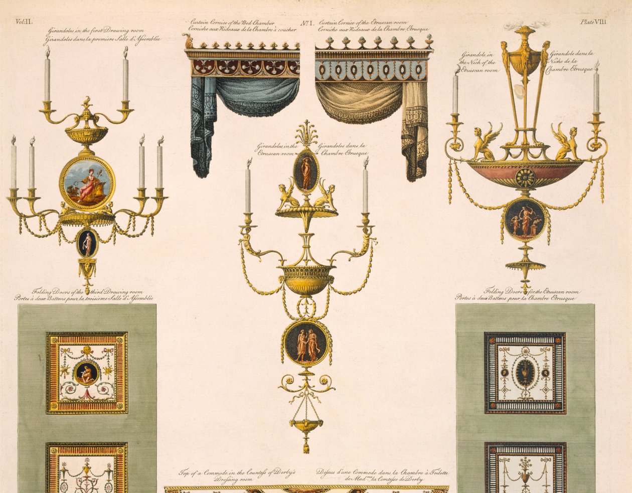 Tegninger til gardingesimser, girandoler og foldedøre, 1774, tryk detalje af 61957 af Robert Adam