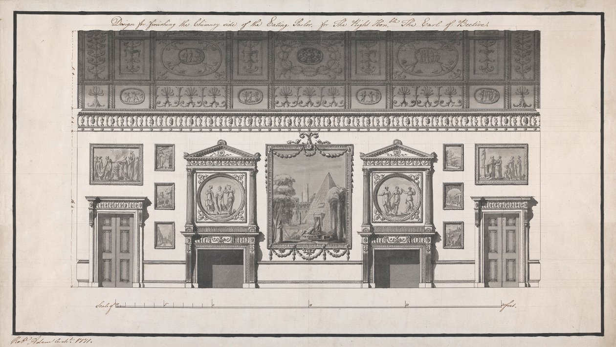 Headfort House, spisestue, skorstenssiden (pen og sort blæk og vask med blyant på papir) af Robert Adam