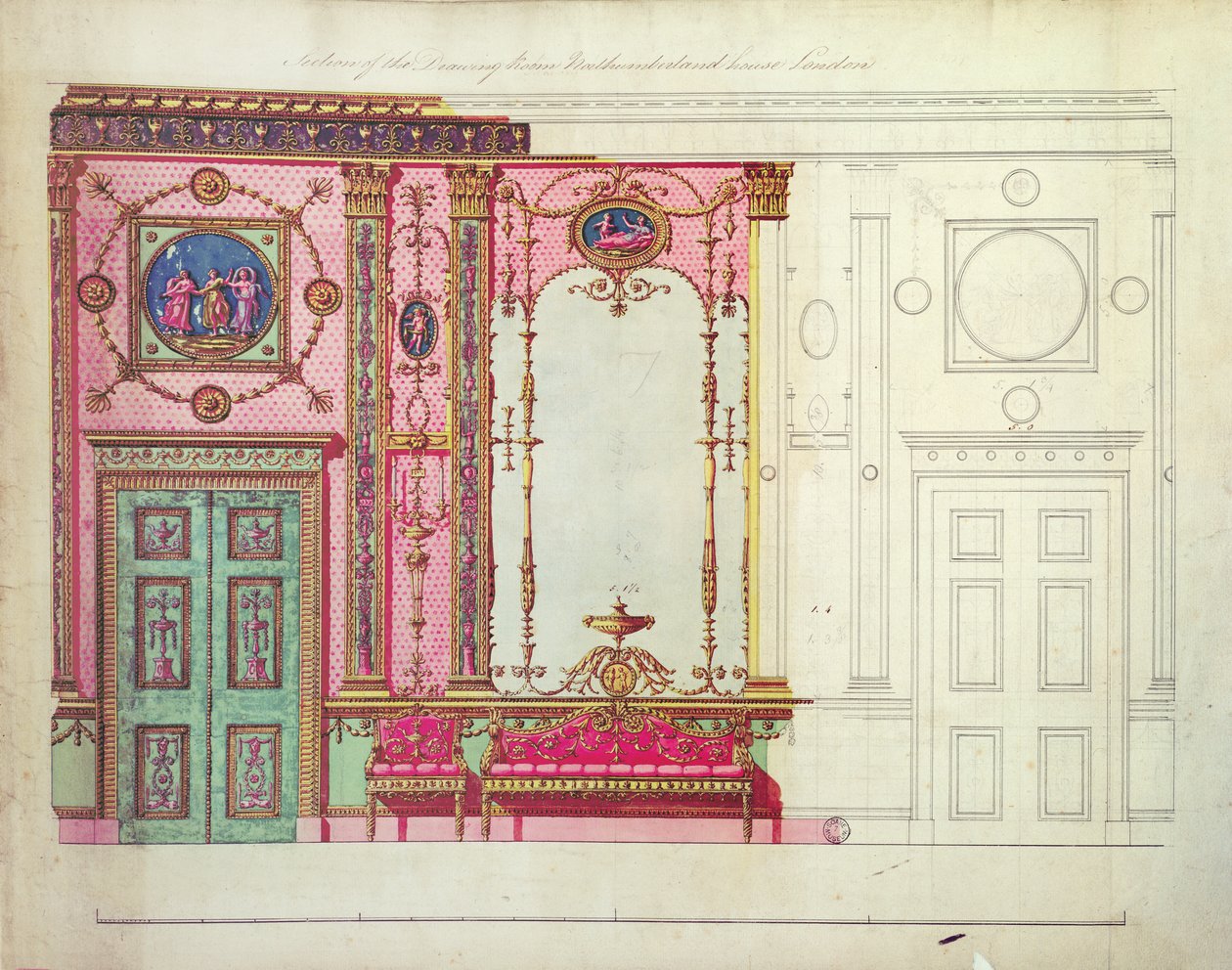 Sektion af tegnestuen, Northumberland House, London; Design til endevæg, (pen, blæk og wc) af Robert Adam