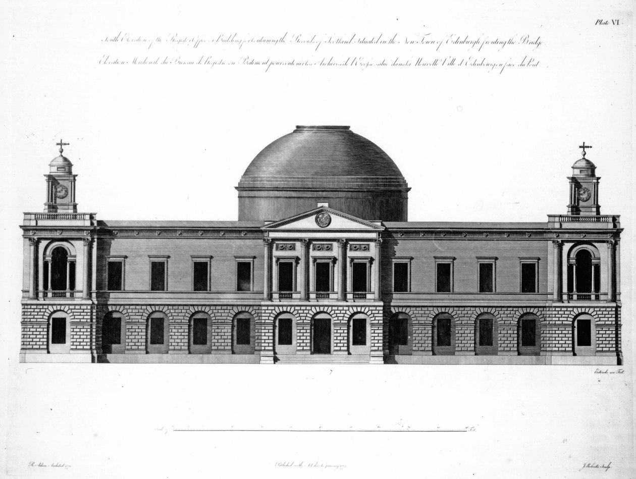 Den sydlige facade af Register House, Edinburgh, graveret af J. Roberts, 1773 af Robert Adam