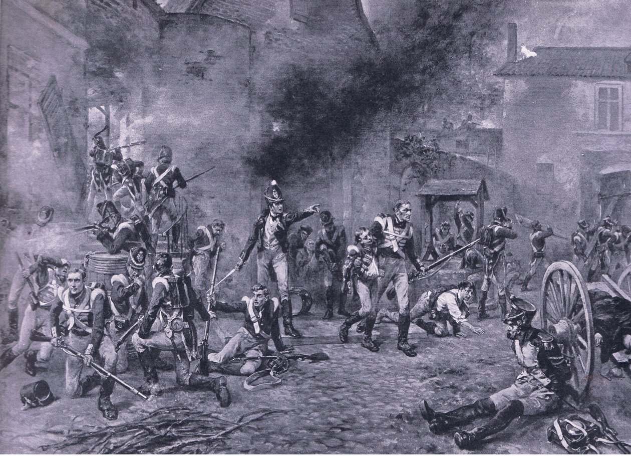 Forsvaret af Hougoumont 18. juni 1815, illustration fra britiske slag på land og hav, 1915 af Robert Alexander Hillingford