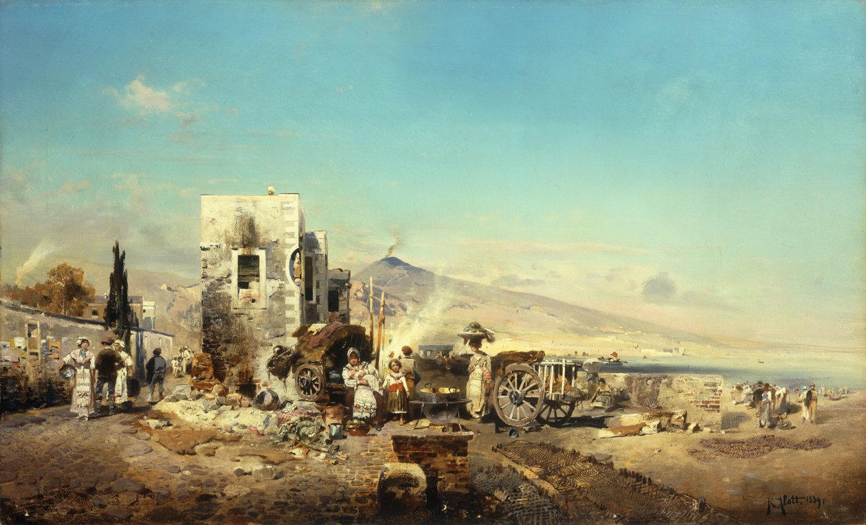 En neopolitansk landsby med Vesuv i det fjerne, 1889 af Robert Alott