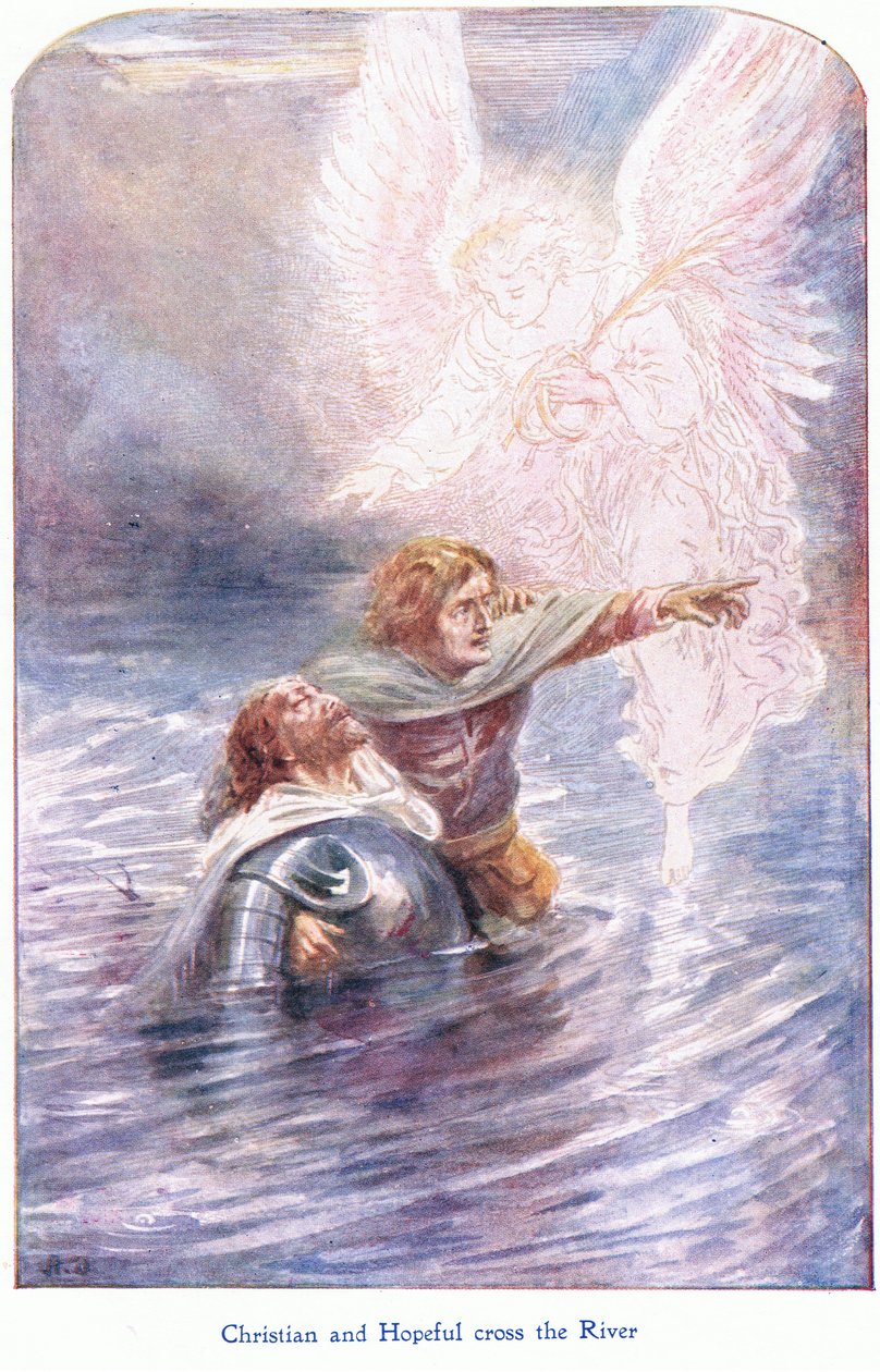 Kristne og håbefulde krydser floden, fra The Pilgrims Progress udgivet af John F Shaw & Co, ca. 1900