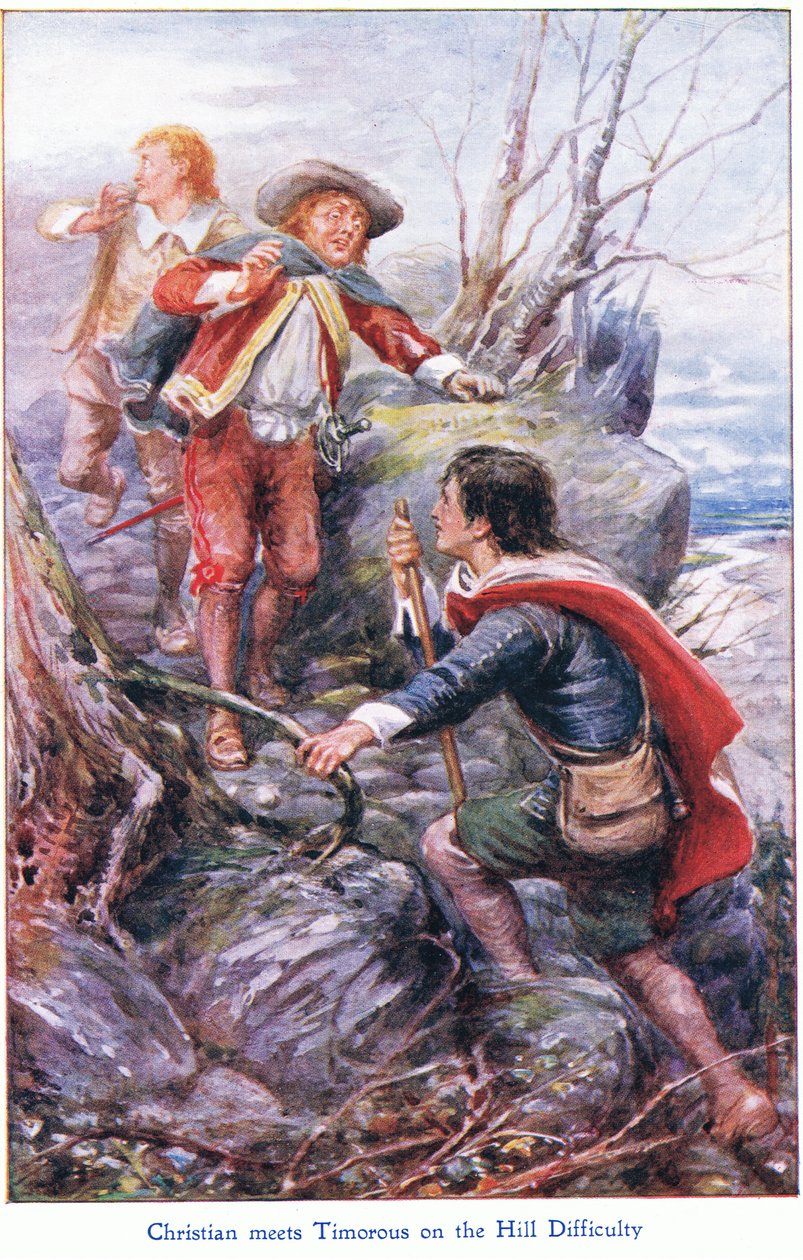 Christian møder Timorous på vanskelighedens bakke, fra The Pilgrims Progress udgivet af John F Shaw & Co, ca. 1900-tallet (farve litho) af Robert Ambrose Dudley