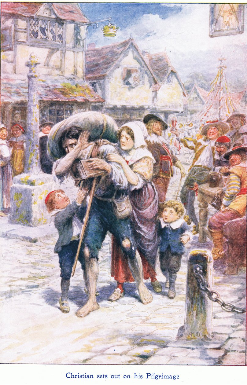 Christian begiver sig ud på sin pilgrimsrejse fra The Pilgrims Progress udgivet af John F Shaw & Co, ca. 1900-tallet (farve litho) af Robert Ambrose Dudley