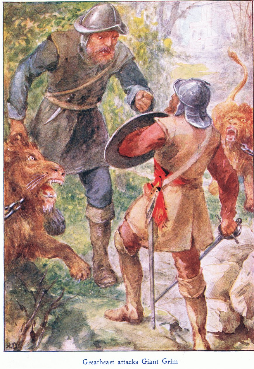 Great Heart attacks Giant Grim, fra The Pilgrims Progress udgivet af John F Shaw & Co, ca. 1900