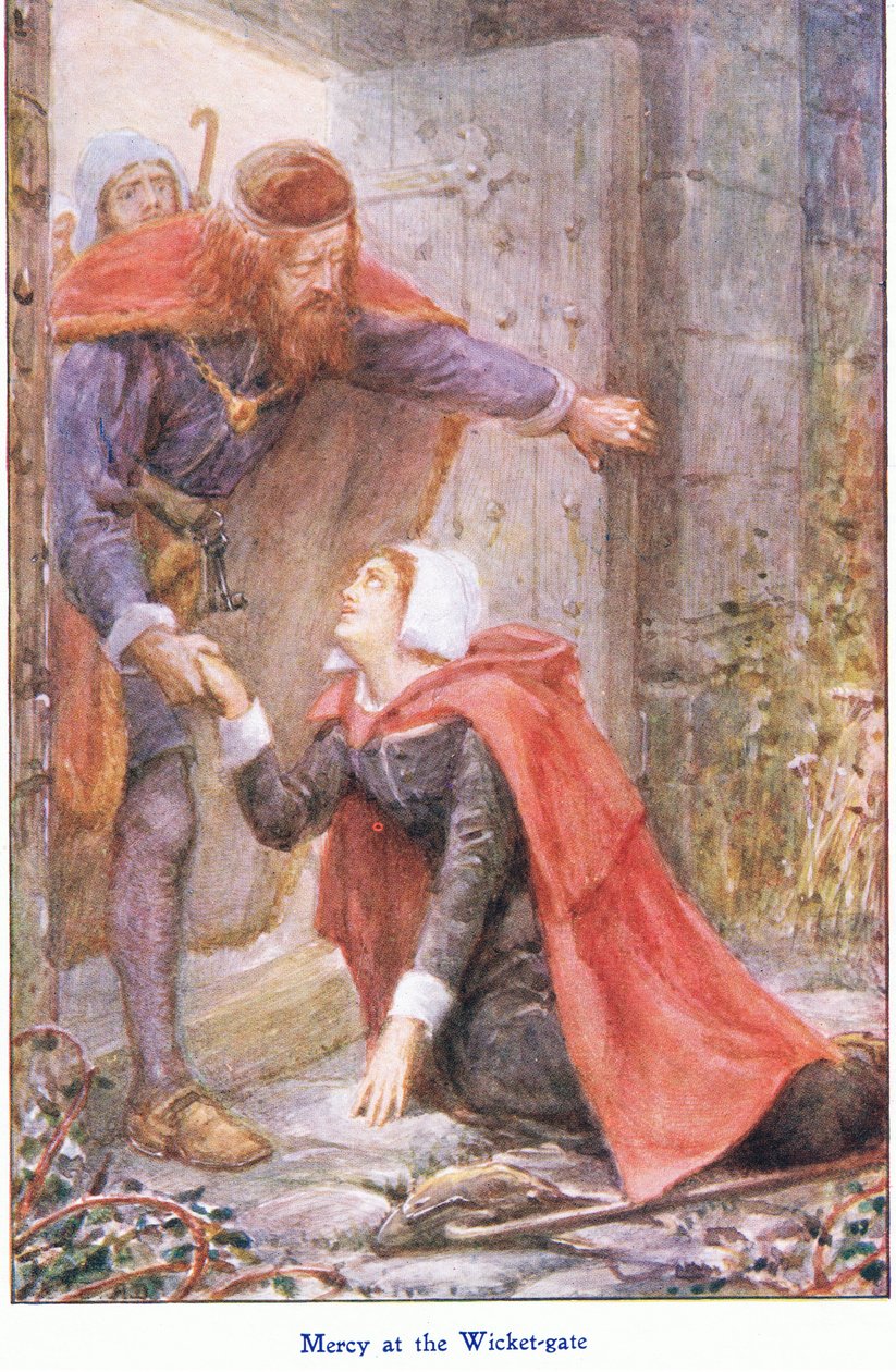 Mercy at the Wicker Gate, fra The Pilgrims Progress udgivet af John F Shaw & Co, ca. 1900