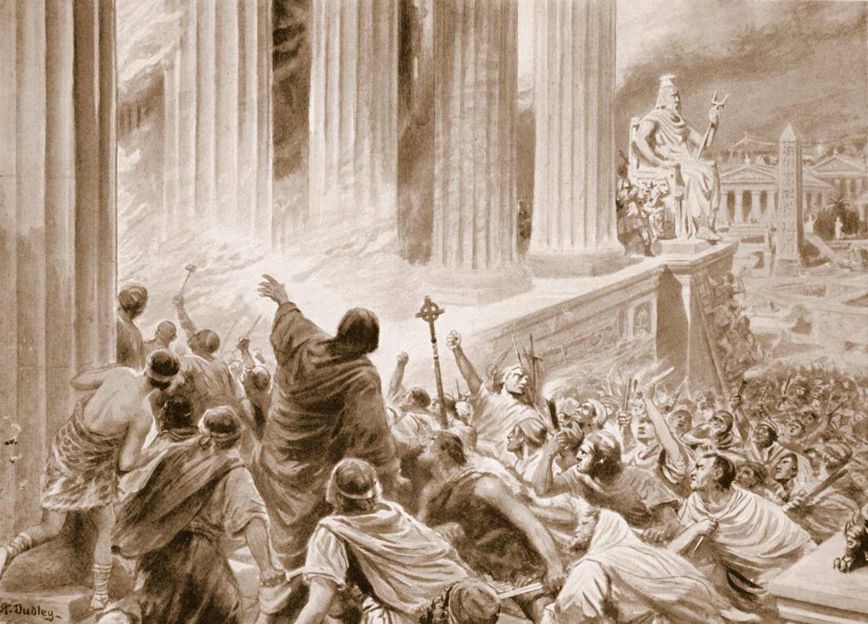 Afbrændingen af biblioteket i Alexandria i 391 e.Kr., illustration fra 