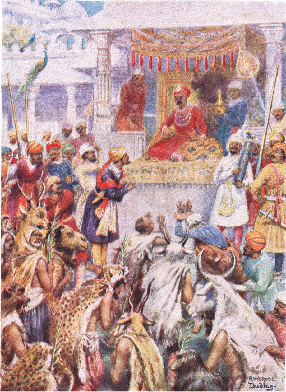 Khan Jahan viser Akbar sine fyrstelige fanger (farve litho) af Robert Ambrose Dudley