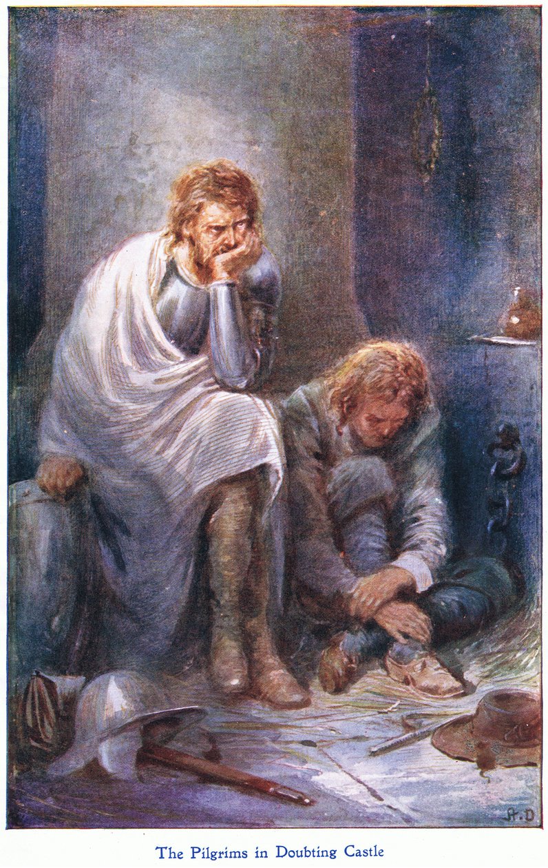The Pilgrims in Doubting Castle, fra The Pilgrims Progress udgivet af John F Shaw & Co, ca. 1900-tallet (farve litho) af Robert Ambrose Dudley