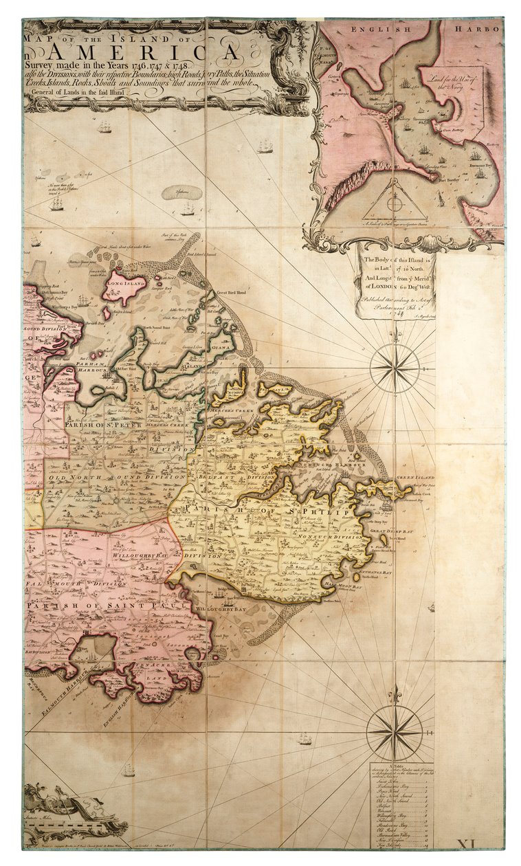 Et nyt og nøjagtigt kort over øen Antigua i Amerika, ifølge en opmåling foretaget i årene 1746-1748, ca. 1749 (koloreret stik) af Robert Baker