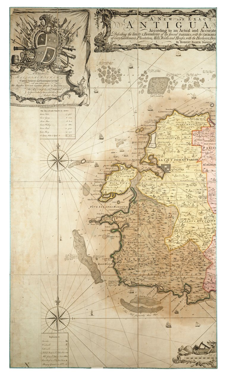 Et nyt og nøjagtigt kort over øen Antigua i Amerika, ifølge en opmåling foretaget i årene 1746-1748, ca. 1749 (koloreret stik) af Robert Baker