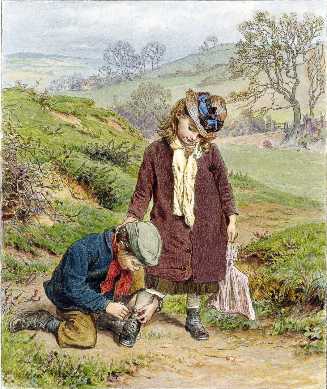 Brother Tying his Sisters Shoe, pub. 1854 af Robert Barnes
