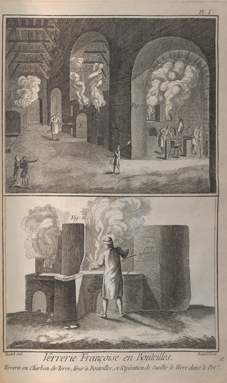 Fremstilling af glas. Fra Encyclopédie af Denis Diderot og Jean Le Rond dAlembert, 1751-1765. af Robert Benard