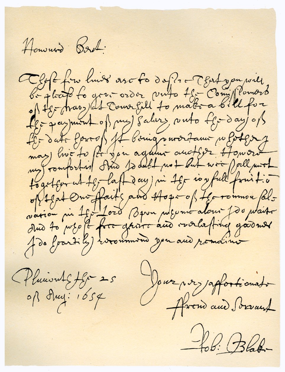 Brev fra admiral Robert Blake til kommissærerne for admiralitetet, 25. august 1654. af Robert Blake