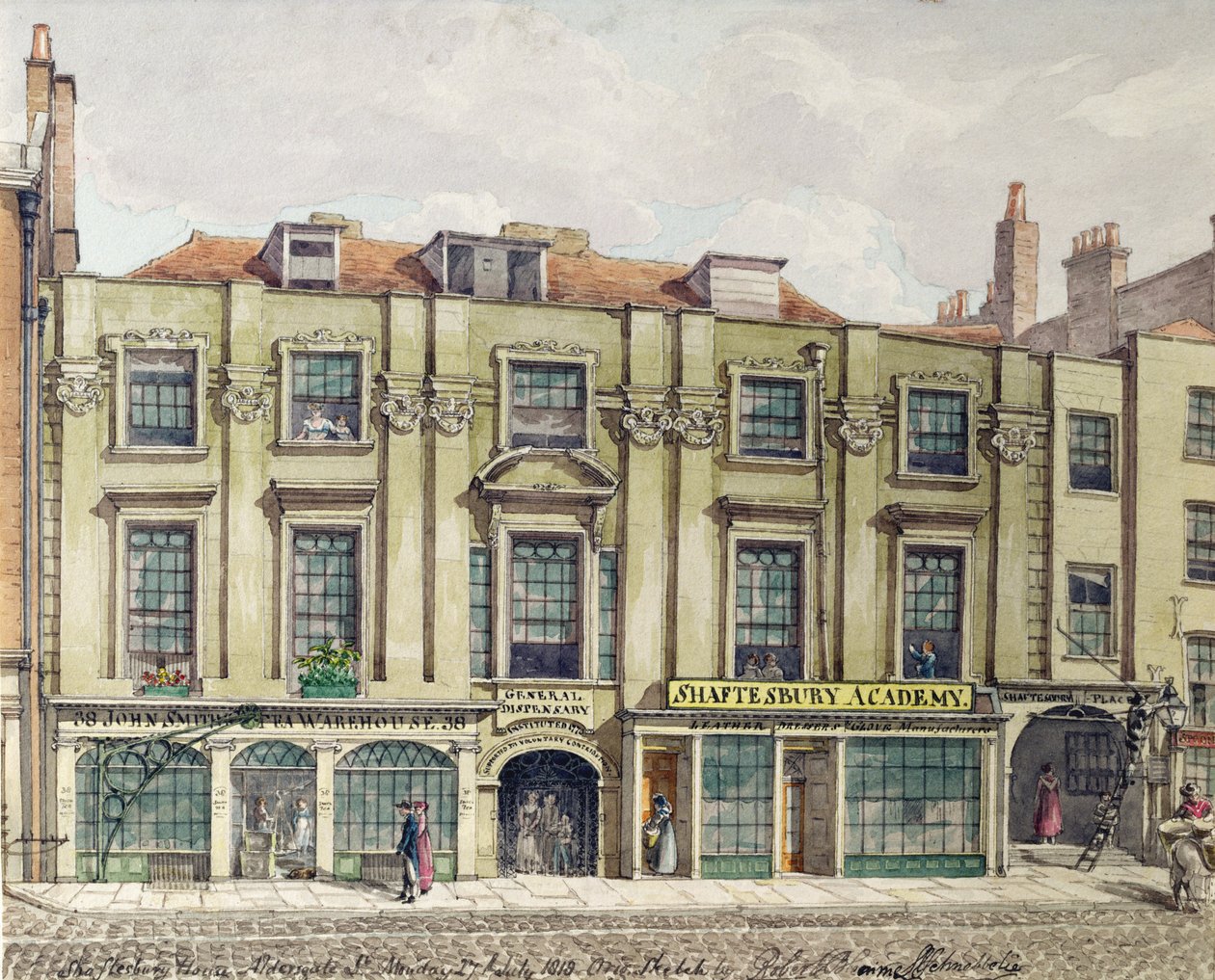 Shaftesbury House, Aldersgate Street, London, 1819 (wc skitse) af Robert Blemell Schnebbelie