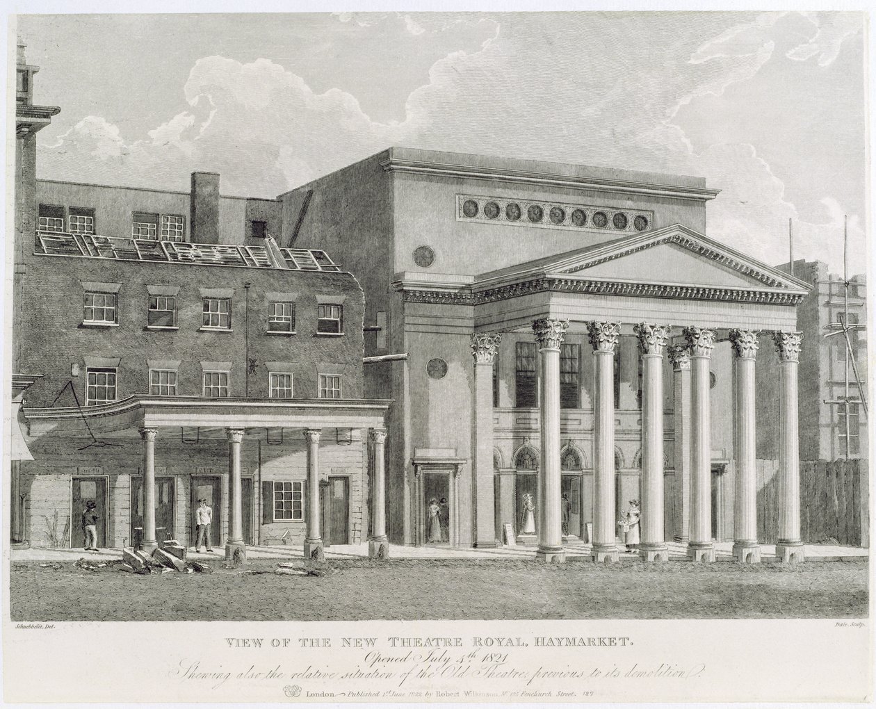 Udsigt over New Theatre Royal, Haymarket, åbnet 4. juli 1821, viser også den relative situation af det gamle teater før dets nedrivning, indgraveret af Dale, 1822 af Robert Blemell Schnebbelie