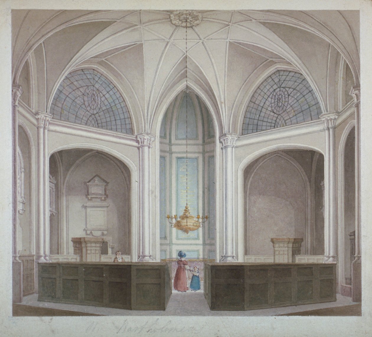 Interiør af Church of St Bartholomew-the-Less, City of London, 1834. af Robert Blemmell Schnebbelie