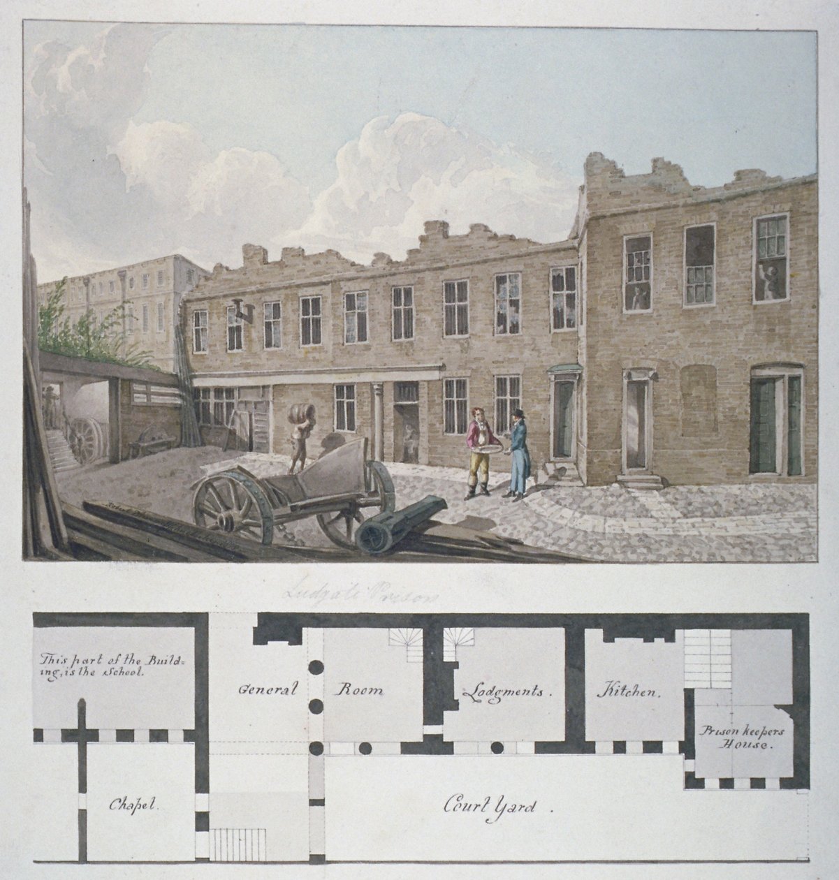 Ludgate Prison med en plan af London Workhouse, Bishopsgate, under, City of London, 1818 af Robert Blemmell Schnebbelie