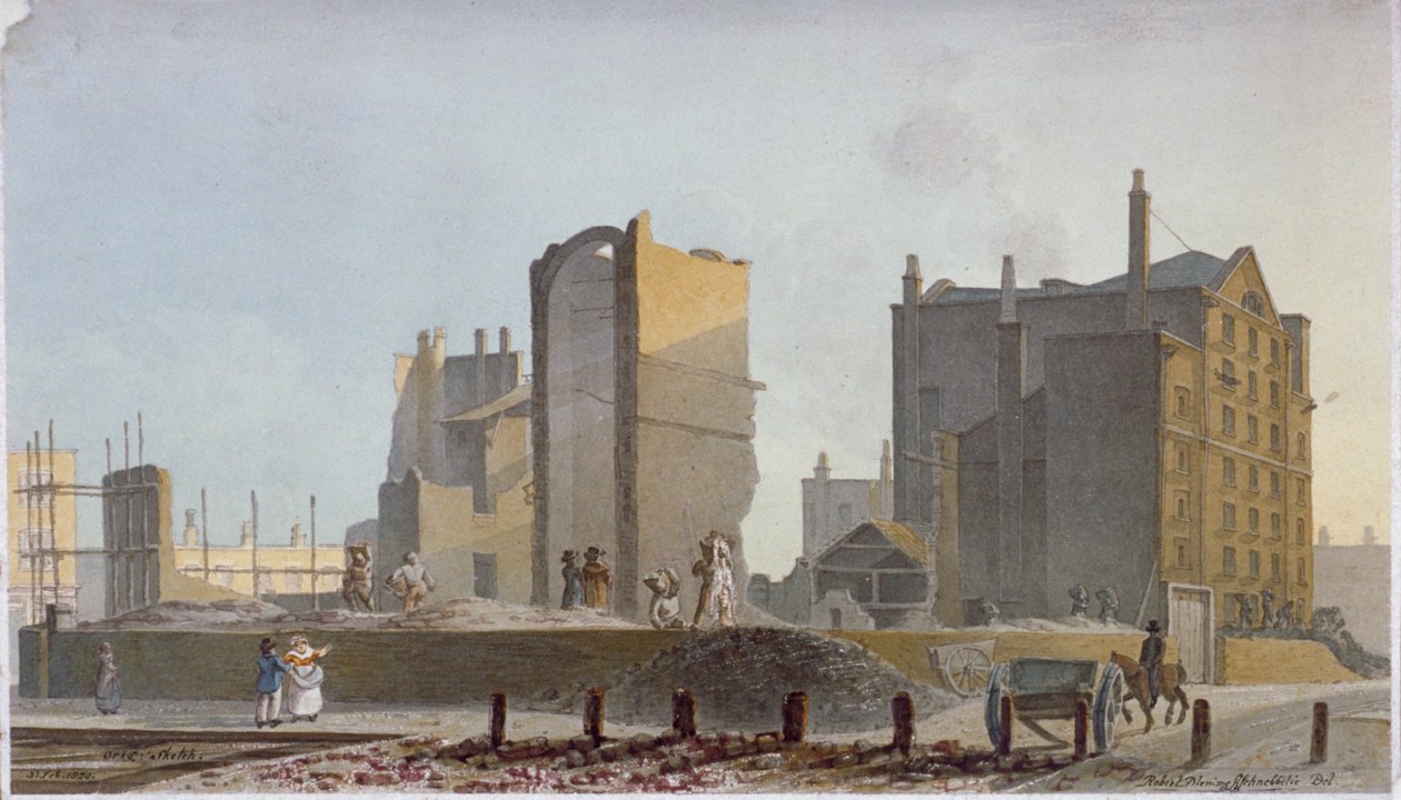 Ødelagt bygning, Commercial Road, Stepney, London, 1820 af Robert Blemmell Schnebbelie