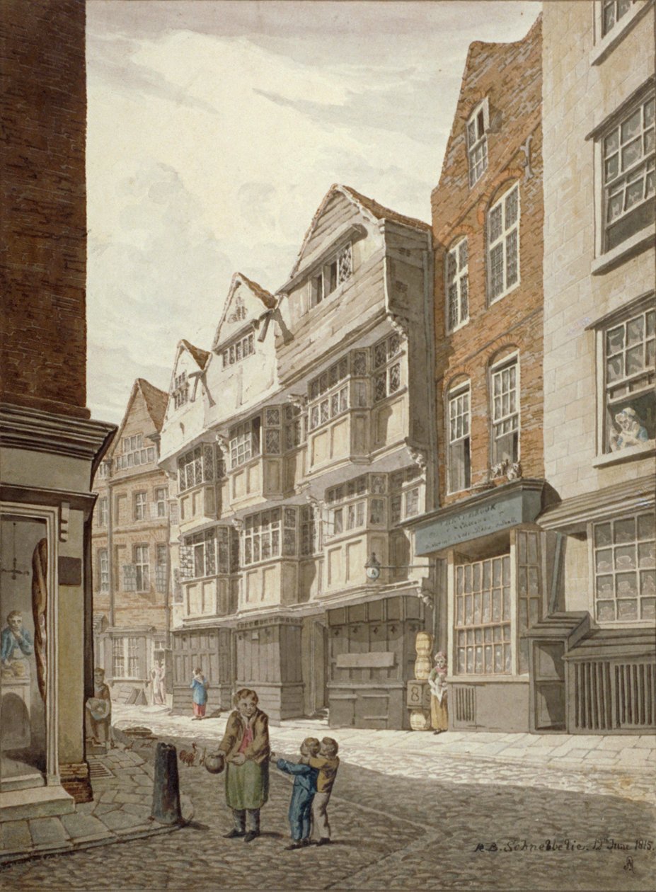 Sydvest udsigt over et gammelt bindingsværkshus i Ship Yard, Westminster, London, 1815 af Robert Blemmell Schnebbelie